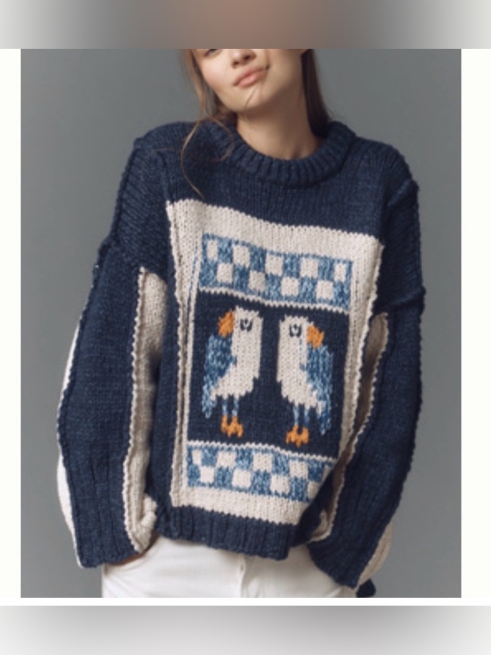 Anthropologie Pilcro Chunky Crew Neck Knit Heavyweight sweater bird motif size L